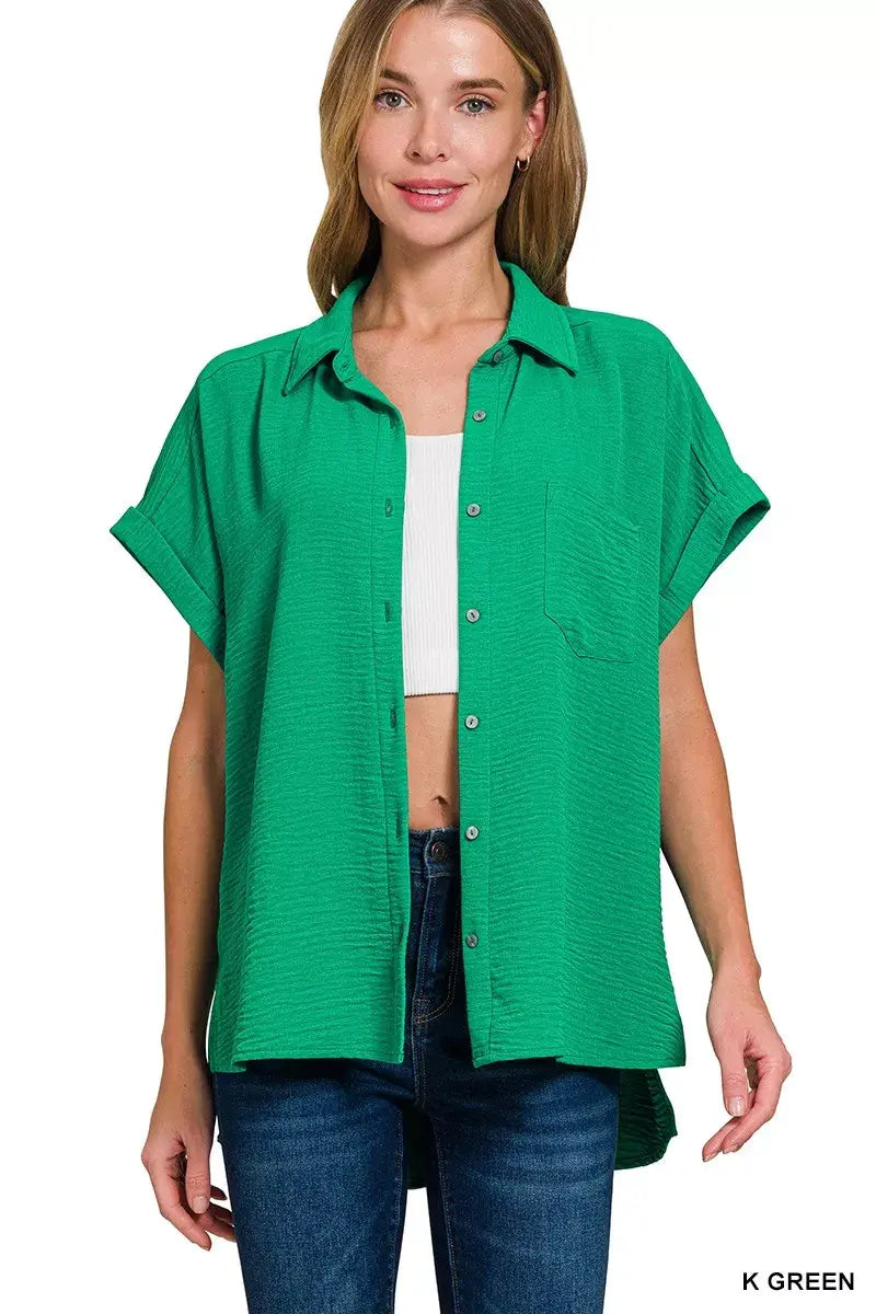 Zenana Woven Airflow Button Down Shirt - Trendsi - Flyclothing LLC