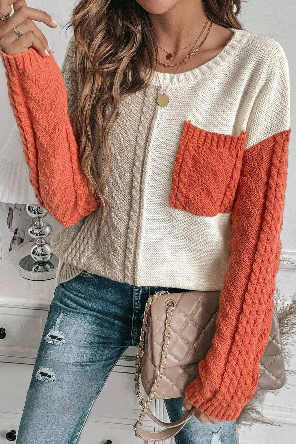 Color Block Round Neck Long Sleeve Sweater - Trendsi - Flyclothing LLC