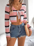 Tied Openwork Long Sleeve Knit Top - Trendsi