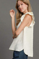 Umgee Full Size Textured Jacquard V-Neck Ruffle Cap Sleeve Blouse Plus Size - Trendsi - Flyclothing LLC