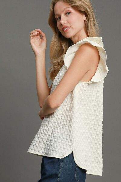Umgee Full Size Textured Jacquard V-Neck Ruffle Cap Sleeve Blouse Plus Size - Trendsi - Flyclothing LLC