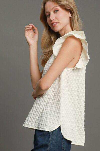 Umgee Full Size Textured Jacquard V-Neck Ruffle Cap Sleeve Blouse Plus Size - Trendsi - Flyclothing LLC