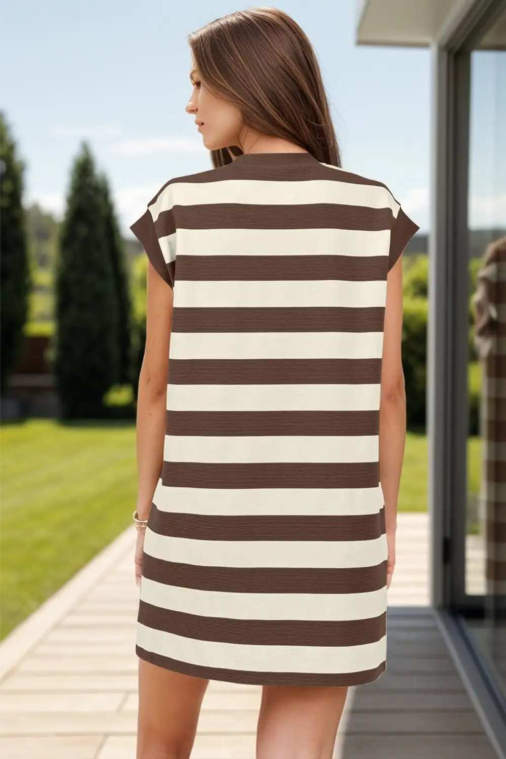 Striped Round Neck Cap Sleeve Mini Dress - Trendsi - Flyclothing LLC
