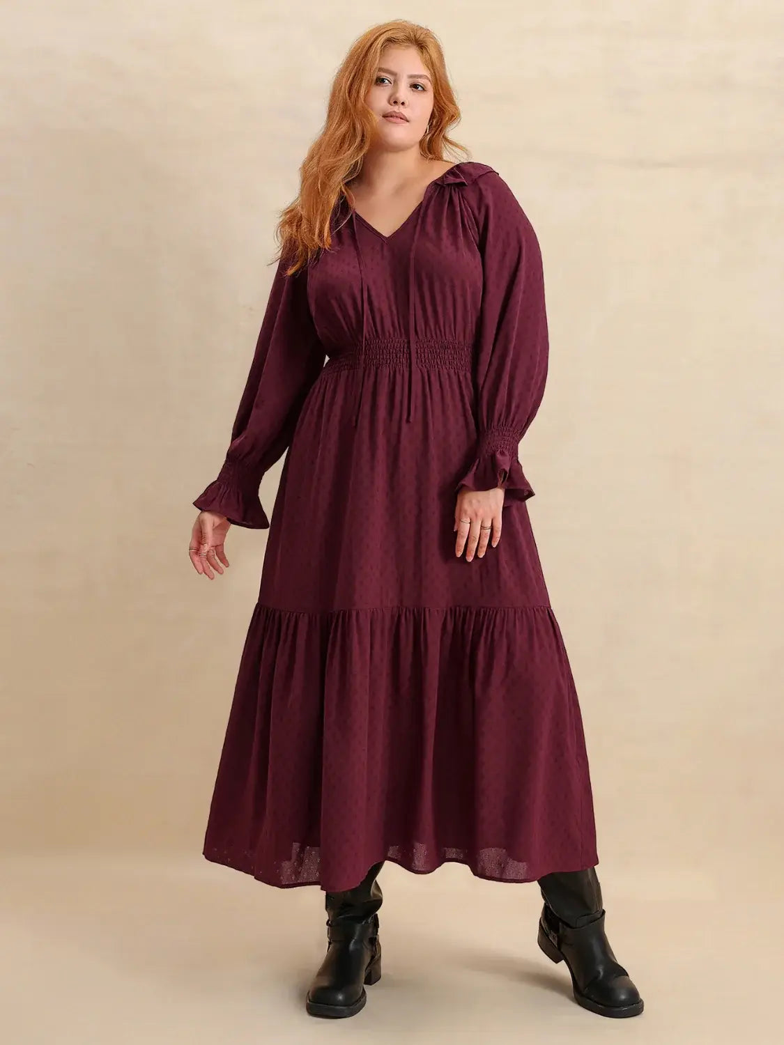 Plus Size Swiss Dot Tie Neck Flounce Sleeve Maxi Dress - Trendsi - Flyclothing LLC