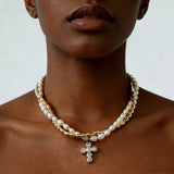 Elegant Pearl Alloy Necklace with Rhinestone Cross Pendant - Trendsi - Flyclothing LLC