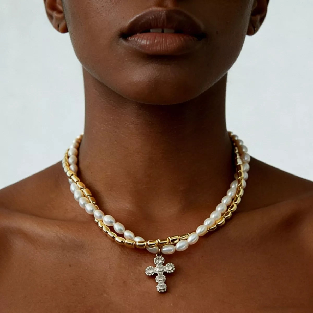 Elegant Pearl Alloy Necklace with Rhinestone Cross Pendant - Trendsi - Flyclothing LLC