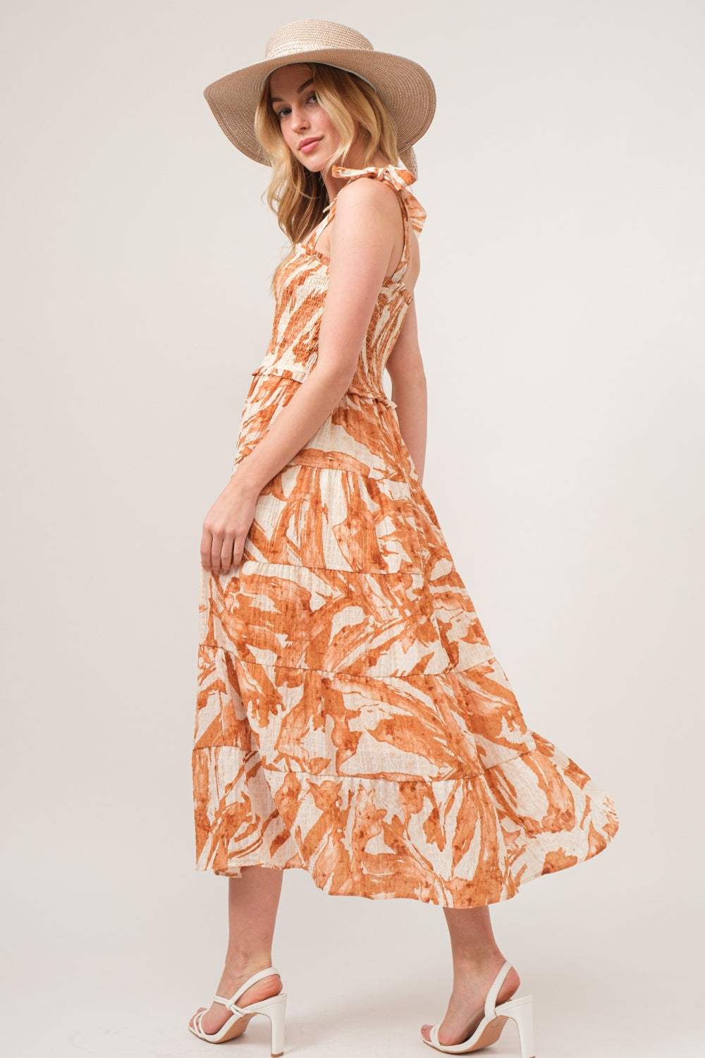 And The Why Tie Shoulder Smocked Midi Tiered Dress - Trendsi - Flyclothing LLC