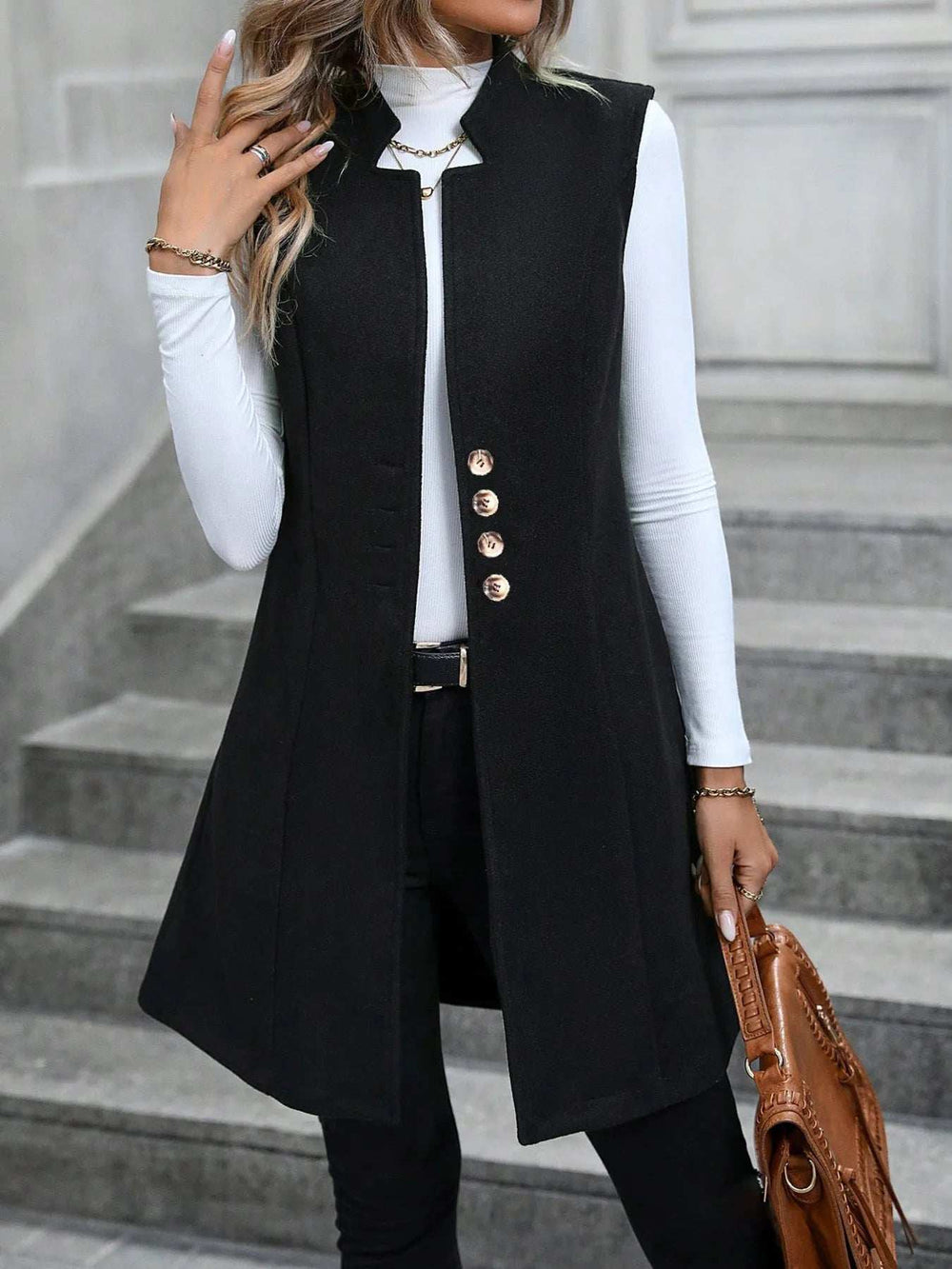 Button Up Longline Vest Coat - Trendsi - Flyclothing LLC