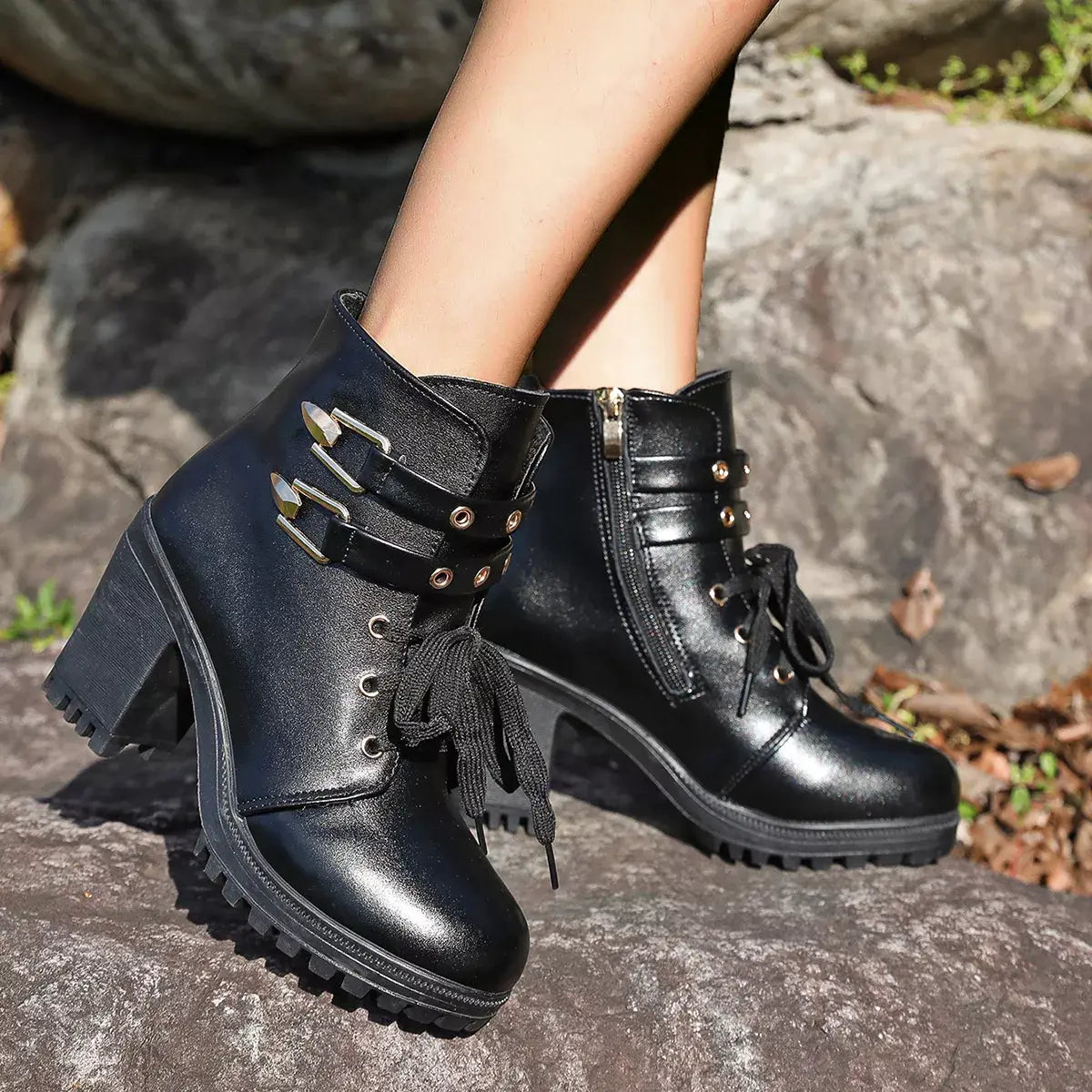Lace Up Block Heels Boots - Trendsi - Flyclothing LLC