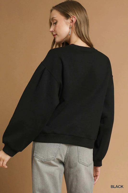 Umgee Round Neck Sweatshirt with Pleated Detail - Trendsi - Flyclothing LLC