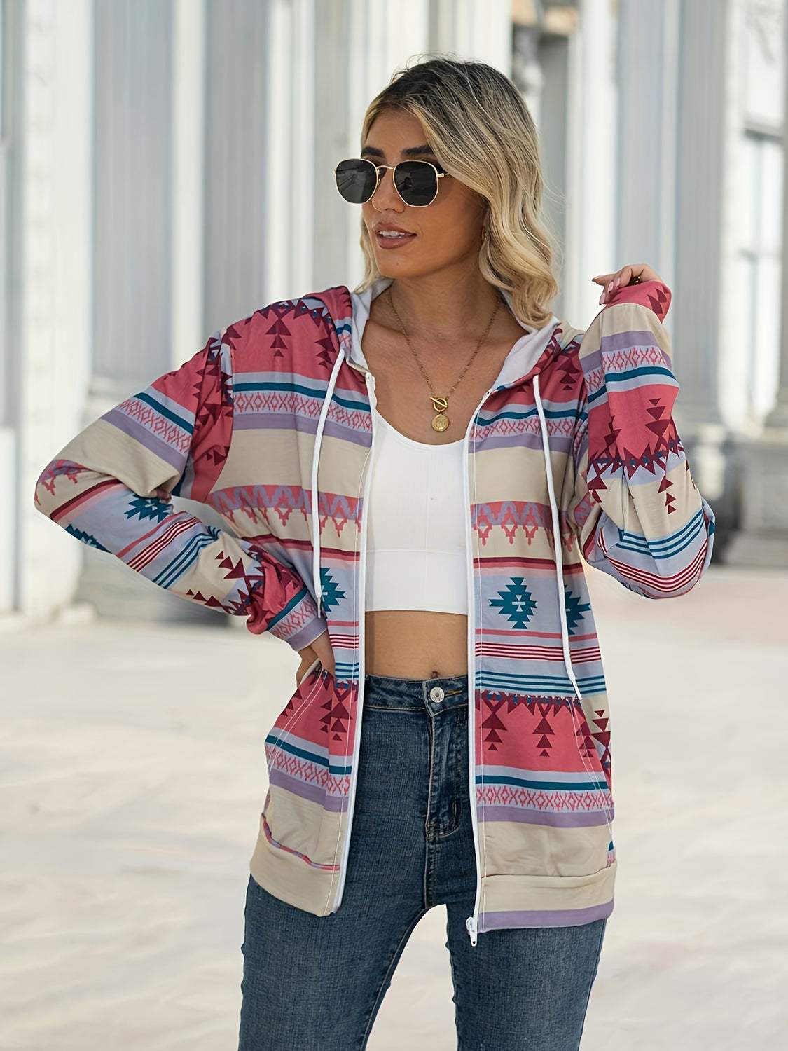 Geometric Zip Up Long Sleeve Hooded Jacket - Trendsi - Flyclothing LLC