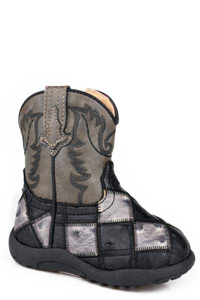 Boys Roper Black Grey Patchwork Ostrich Vamp Bird Blocks Boots - Roper - Flyclothing LLC