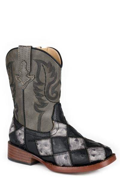Boys Roper Black Grey Patchwork Ostrich Vamp Bird Blocks Boots - Roper - Flyclothing LLC