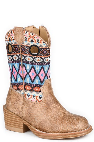 Girls Roper Vintage Tan Faux Leather Vamp Willow Aztec Boots