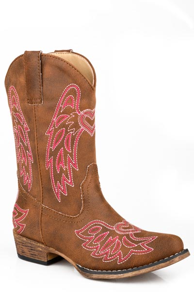 Girls Roper Brown With Pink Wing Embroidery Riley Wings Boots