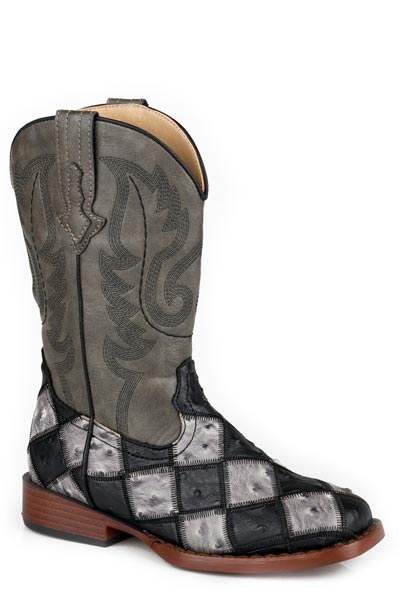 Boys Roper Black Grey Patchwork Ostrich Vamp Bird Blocks Boots - Roper - Flyclothing LLC