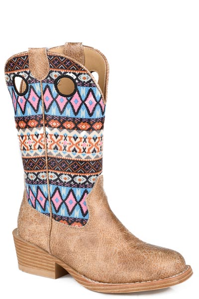 Girls Roper Vintage Tan Faux Leather Vamp Willow Aztec Boots