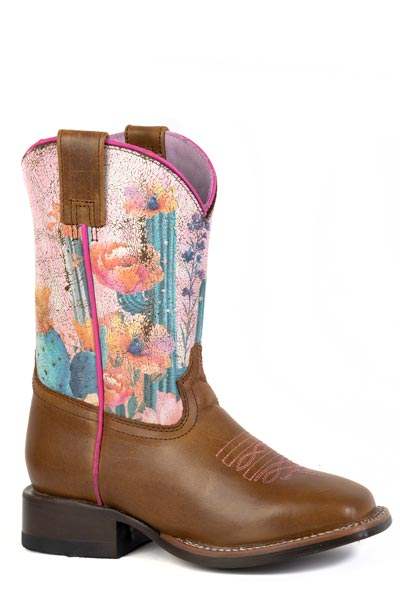 Girls Roper Burnish Tan Leather Vamp Cactus Flowers Boots - Roper - Flyclothing LLC