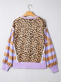 Stripe Color Block Patchwork Leopard Casual Sweatshirt with Slits - Trendsi - Flyclothing LLC