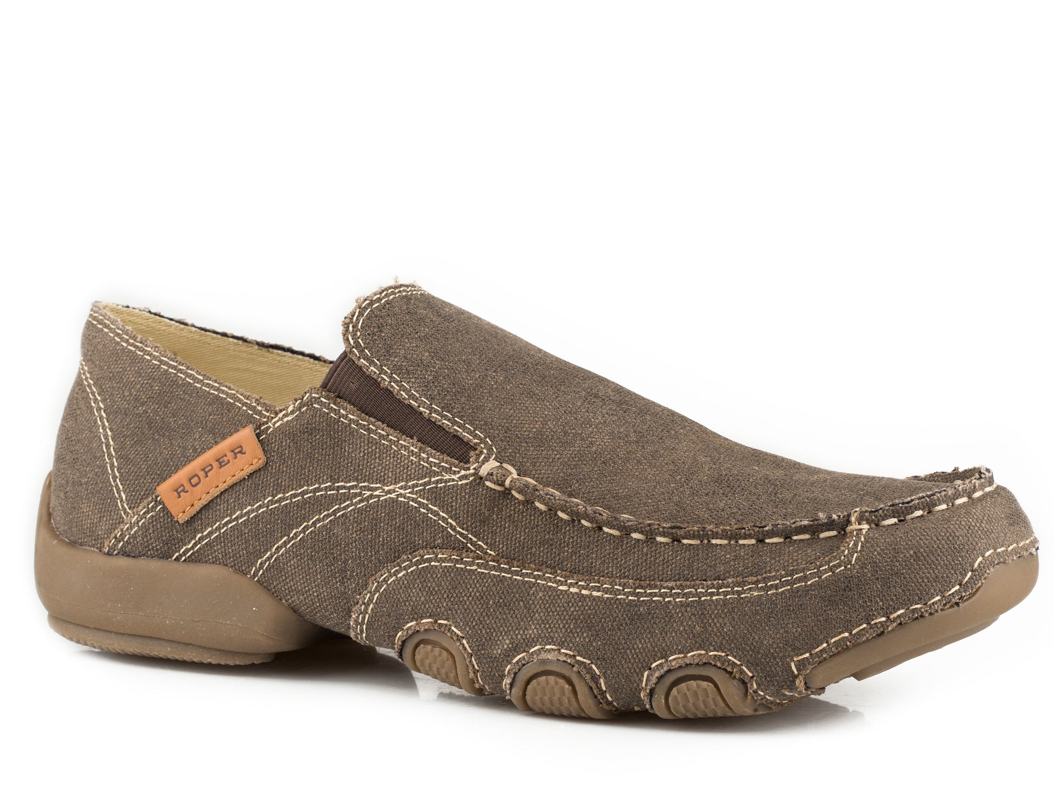 Roper Mens Driving Moc Chocolate Brown Vintage Fabric With Fabric Wrap