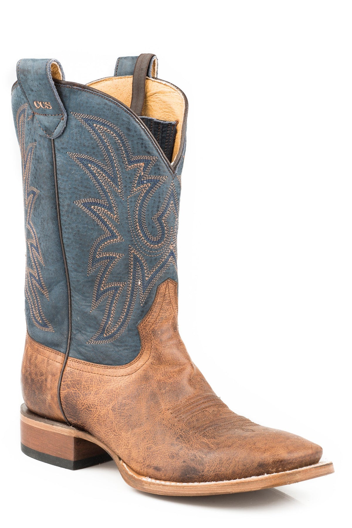 Roper Mens Leather Concealed Carry Boot Burnished Tan Vamp With Blue Embroidered Upper