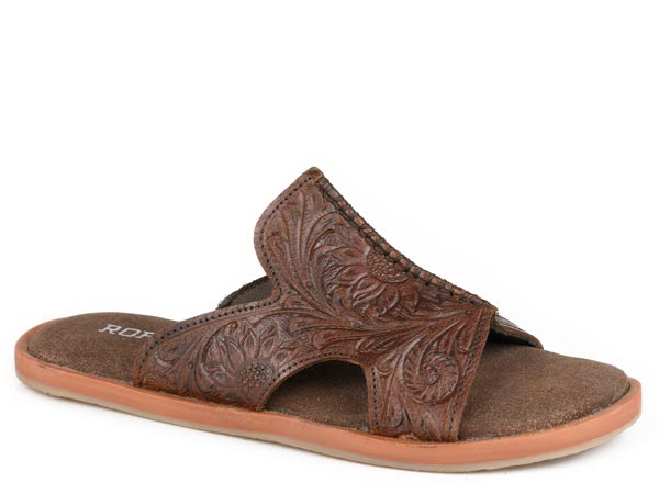 Womens Roper Brown Tooled Leather Slide Hayden Sandals