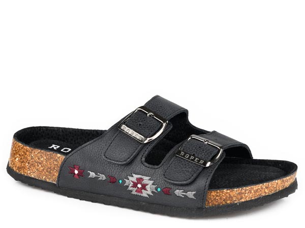 Womens Roper Black Leather With Aztec Stitch Delilah Sandals