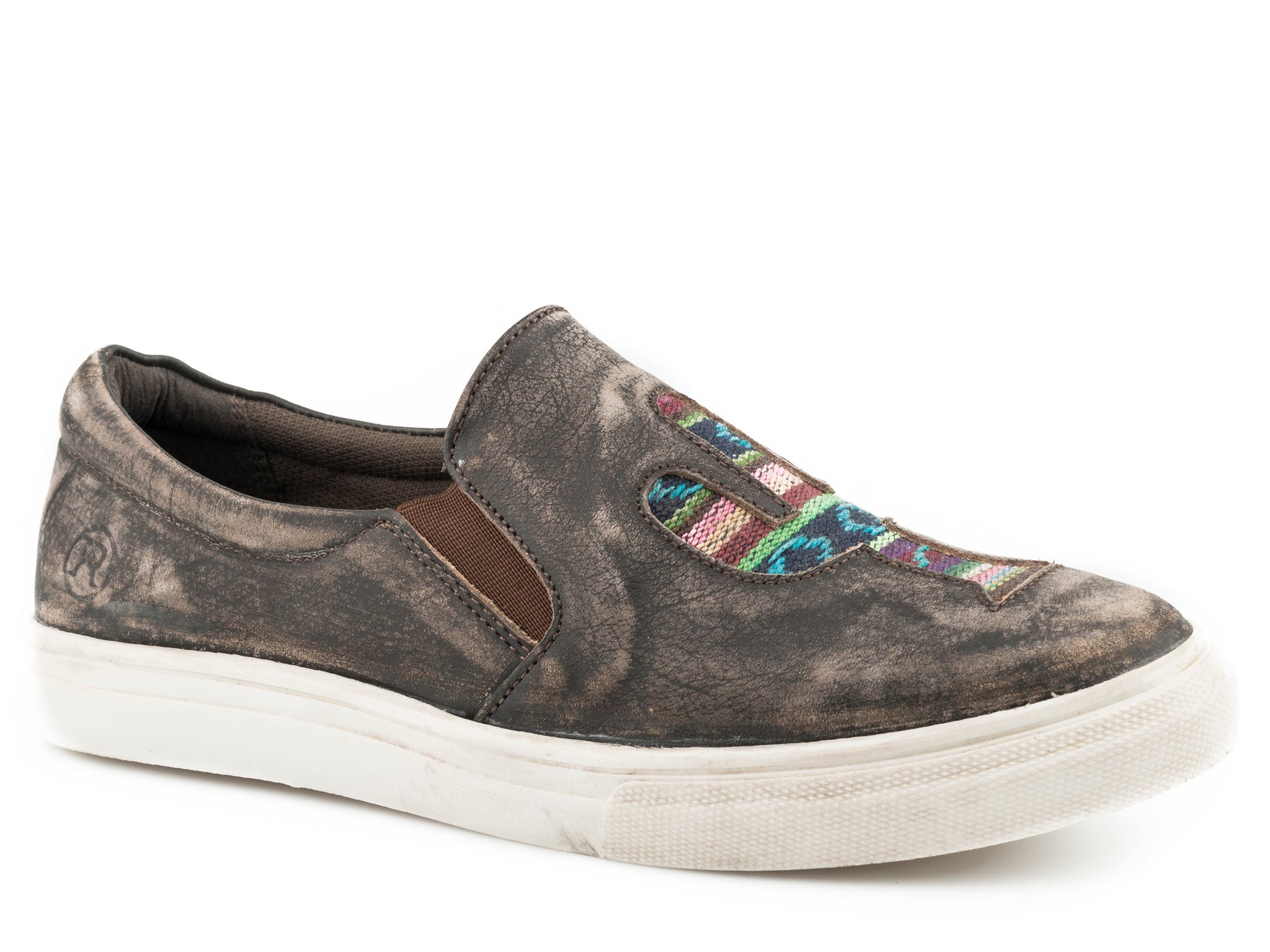 Roper Womens Athletic Slip On Rub Off Brown Leather And Applique Cactu