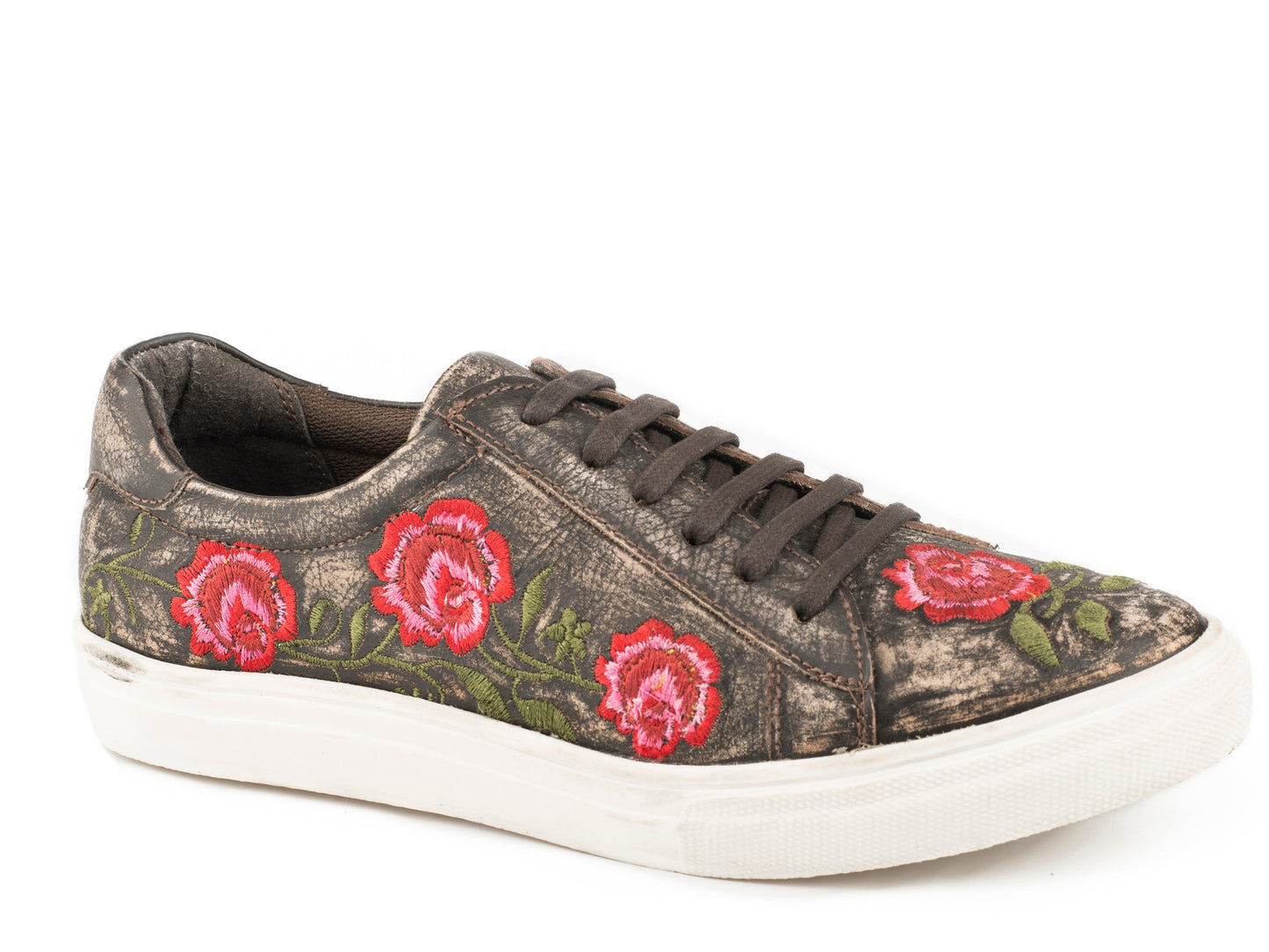 Roper Womens Athletic Lace Up Brown Sanded Vintage Leather Rose Embroi