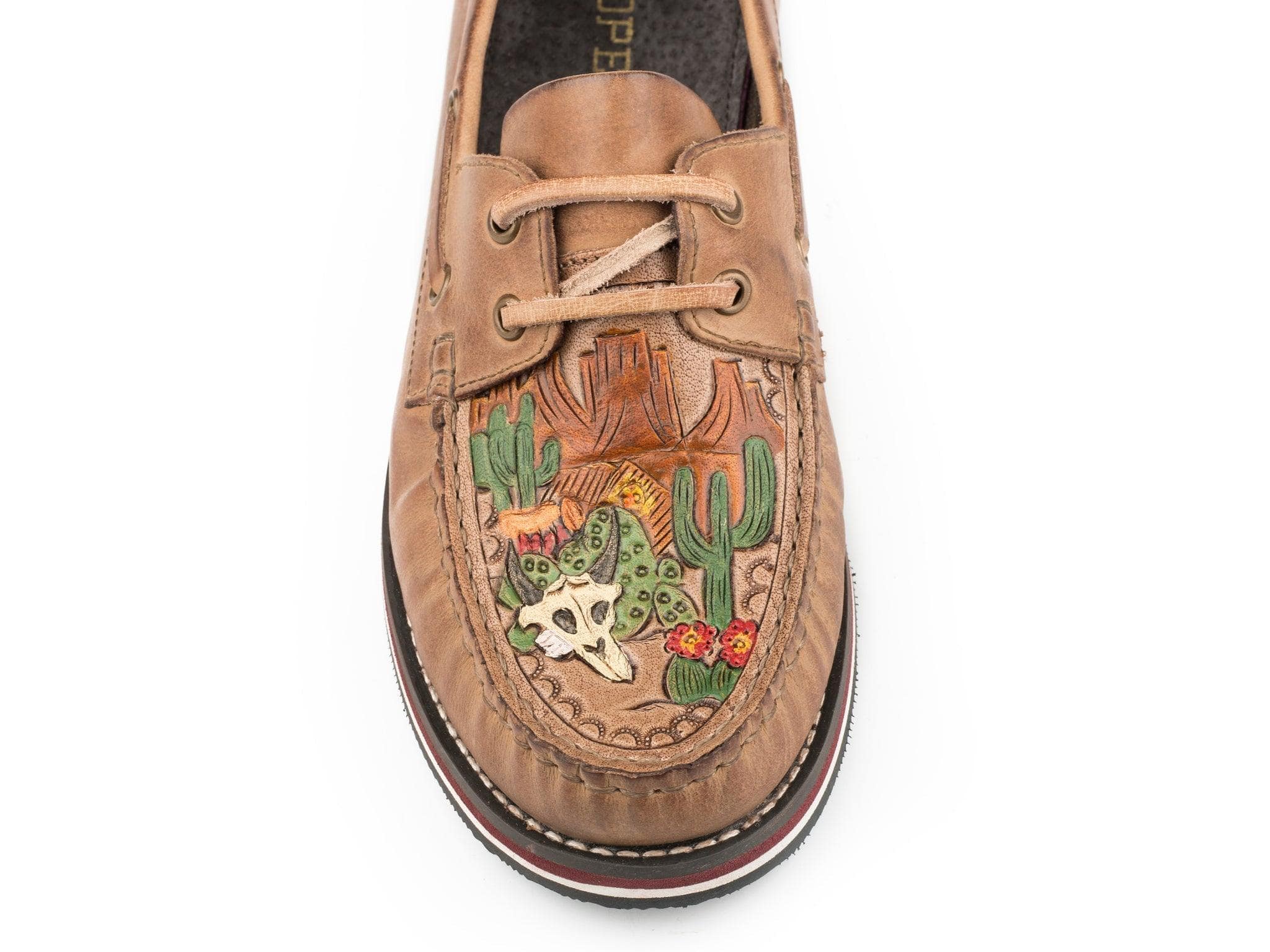 Roper Womens Lace Up Moccasin Brown Burnished Leather With Painted Handtooled Vamp Desert Scene - Roper