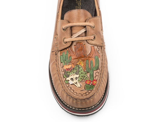 Roper Womens Lace Up Moccasin Brown Burnished Leather With Painted Handtooled Vamp Desert Scene - Roper