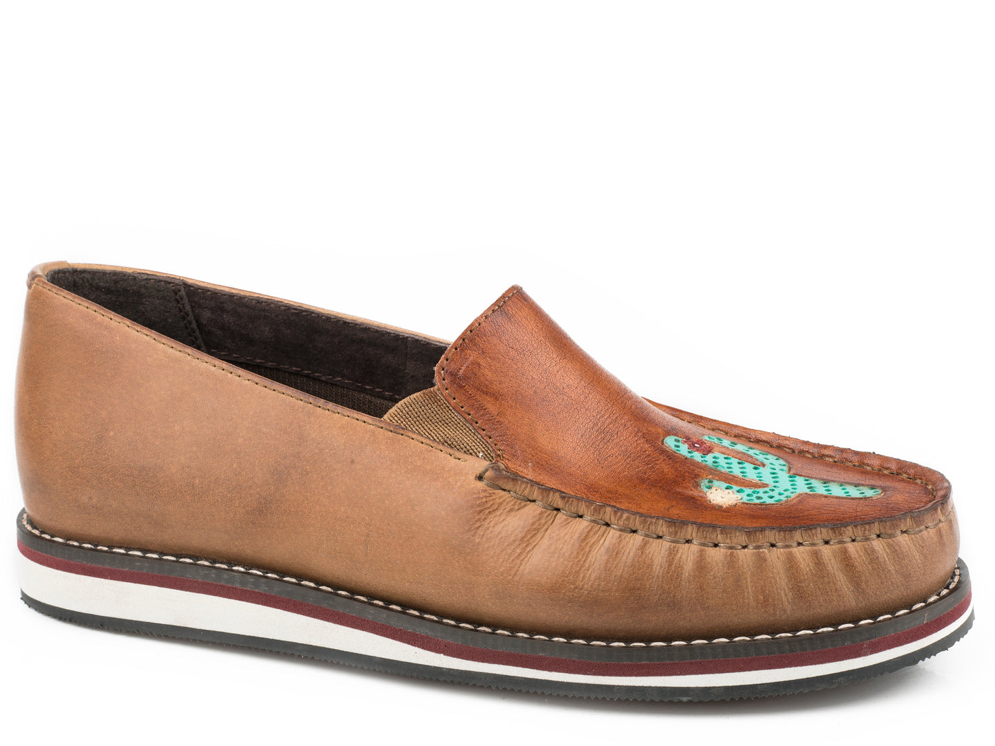 Roper Womens Slip On Moccasin Tan Burnished Leather With Handtooled Ca