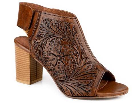 Womens Roper Brown Tooled Open Toe Leather Mika Velcro Sandal - Roper - Flyclothing LLC