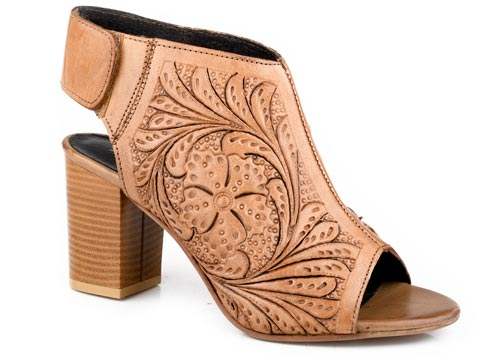 Womens Roper Tan Tooled Open Toe Leather Mika Velcro Sandal - Roper - Flyclothing LLC
