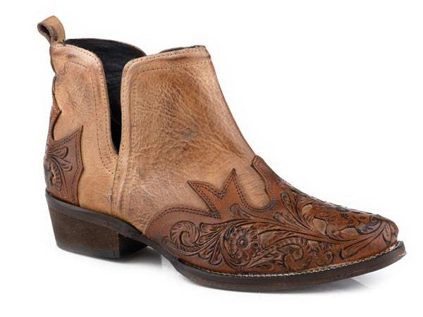 Roper Womens Snip Toe Tan Burnished With Tooling - Roper - Flyclothing LLC