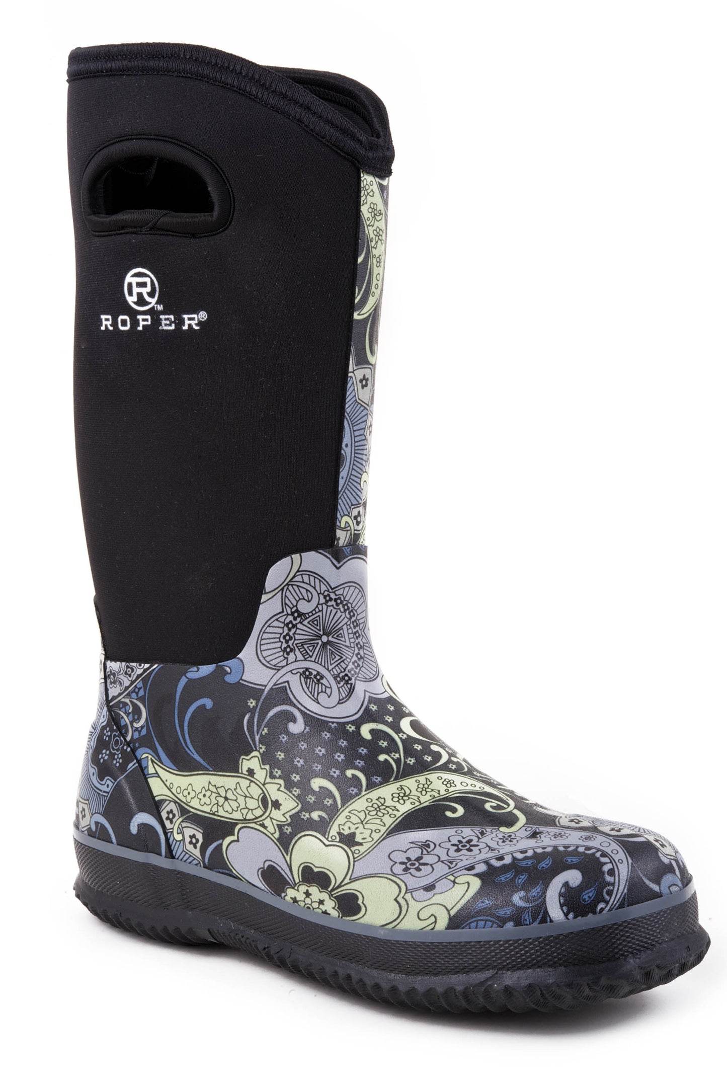 Roper Womens Barn Boot Paisley Print With Black Neoprene Upper