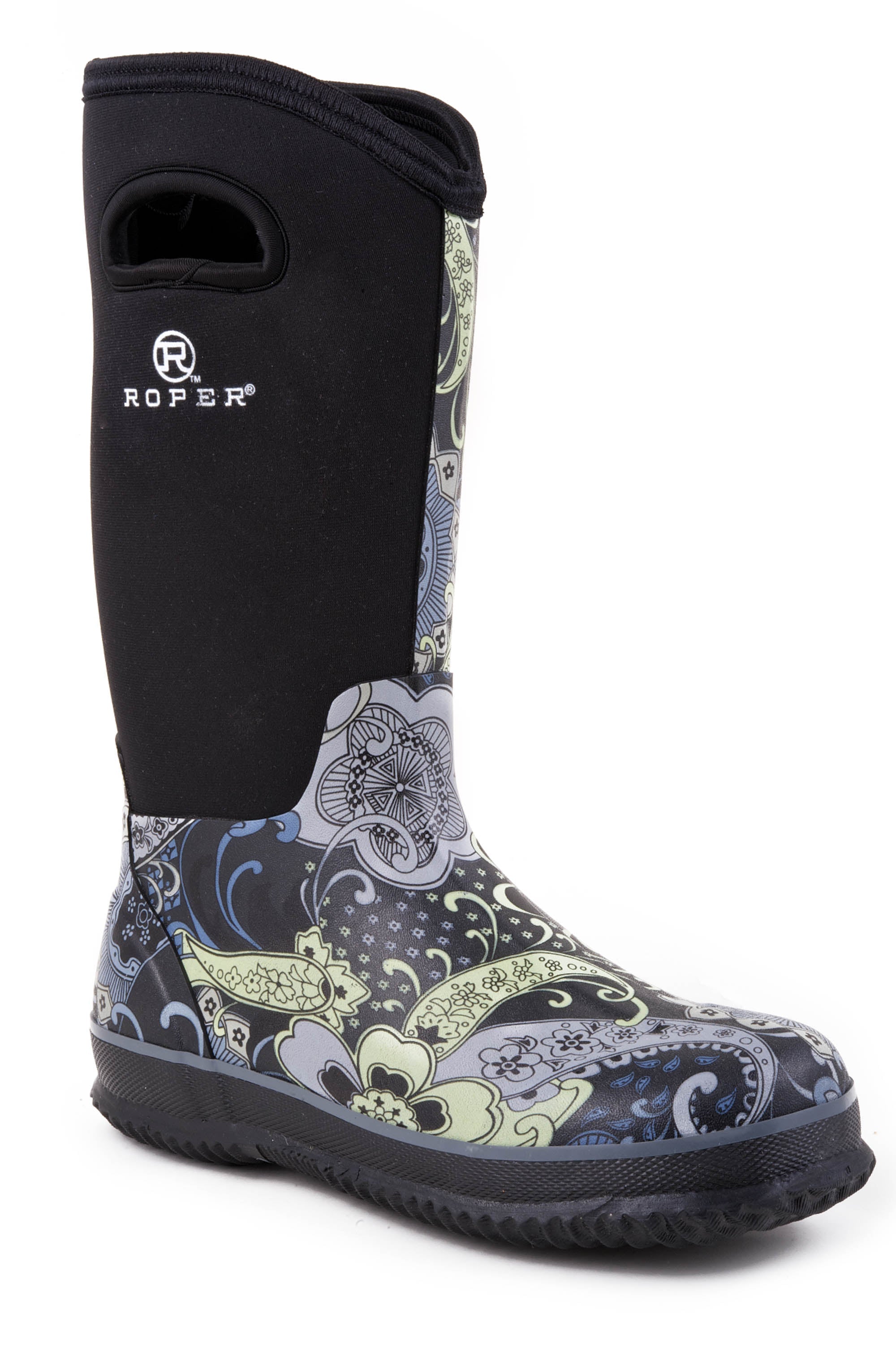 Roper Womens Barn Boot Paisley Print With Black Neoprene Upper