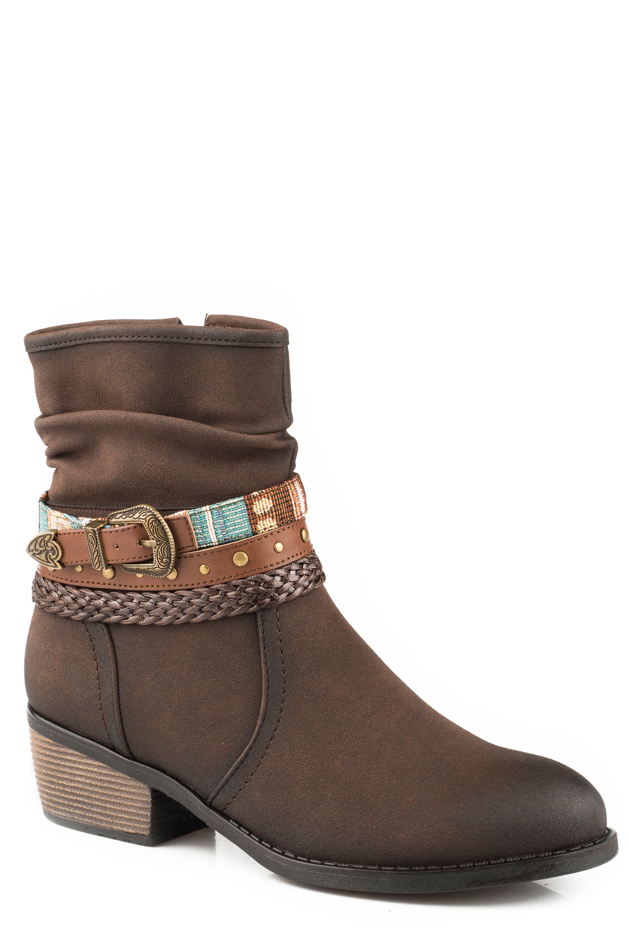 Roper Womens Fashion Shorty Boot Burnished Brown Faux Leather With Bel