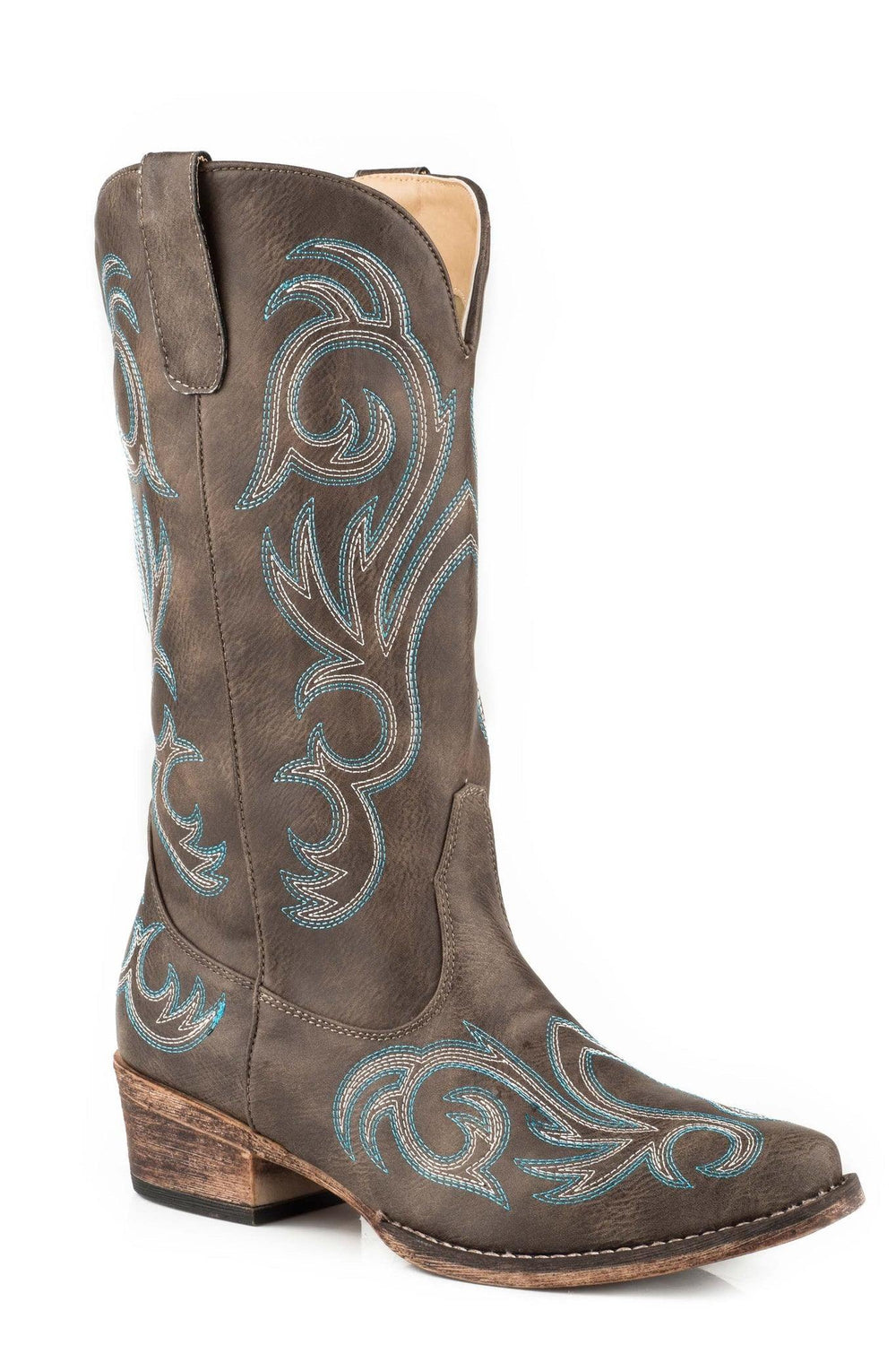 Roper Womens Fashion Cowboy Boot Vintage Brown Faux Leather With Western Embroidery - Roper