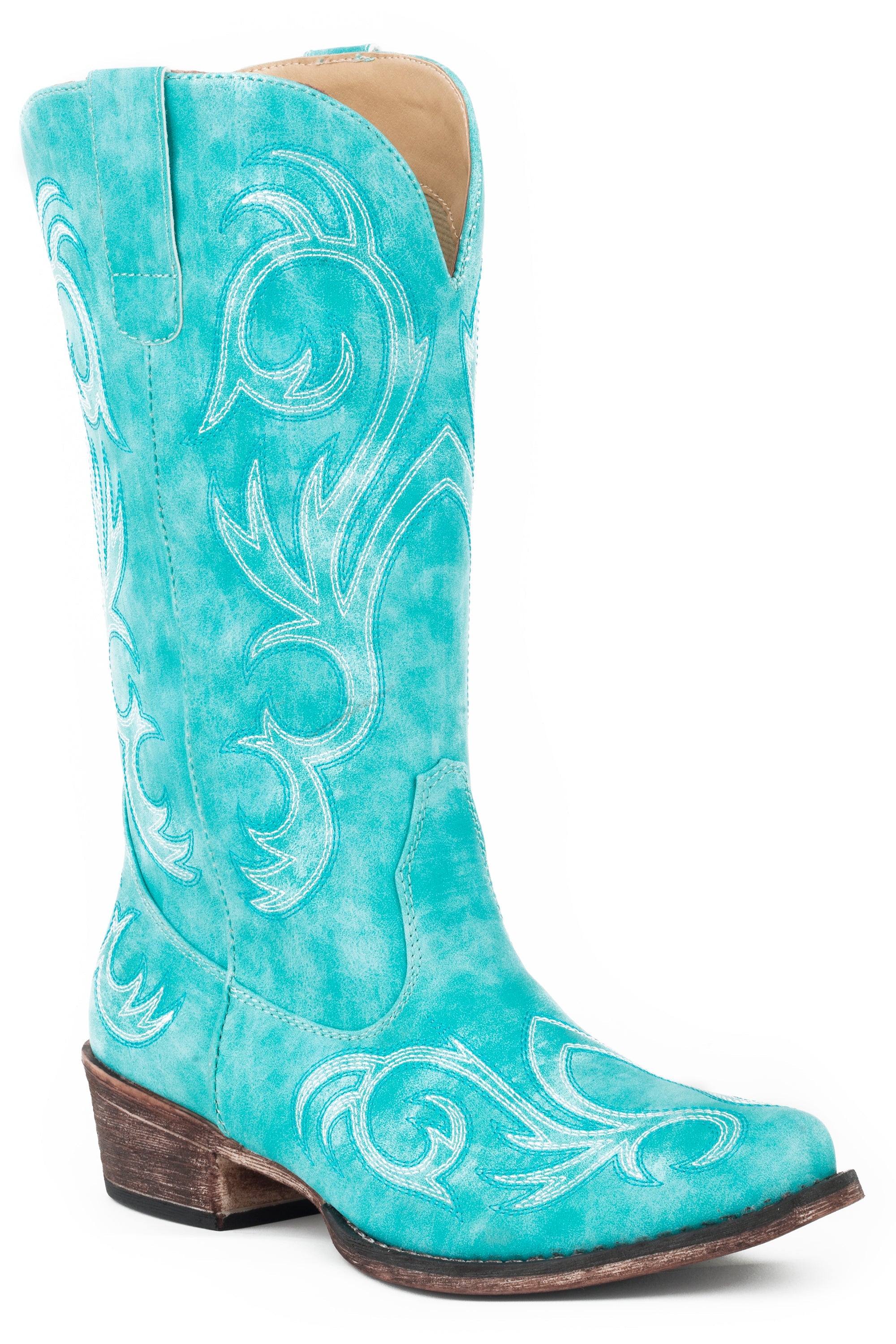 Roper Womens Fashion Cowboy Boot Turquoise Faux Leather With All Over 