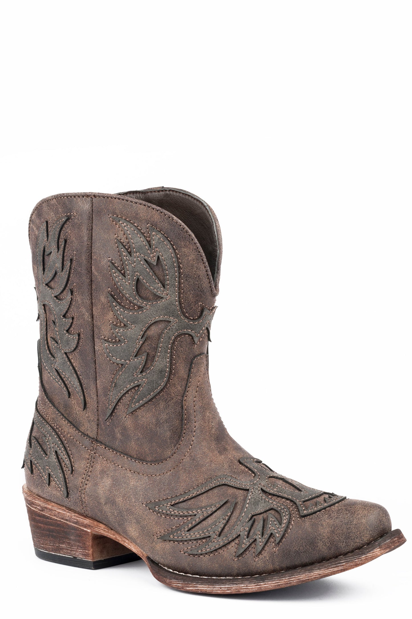 Roper Womens Fashion Shorty Boot Brown Faux Leather And Eagle Overlay