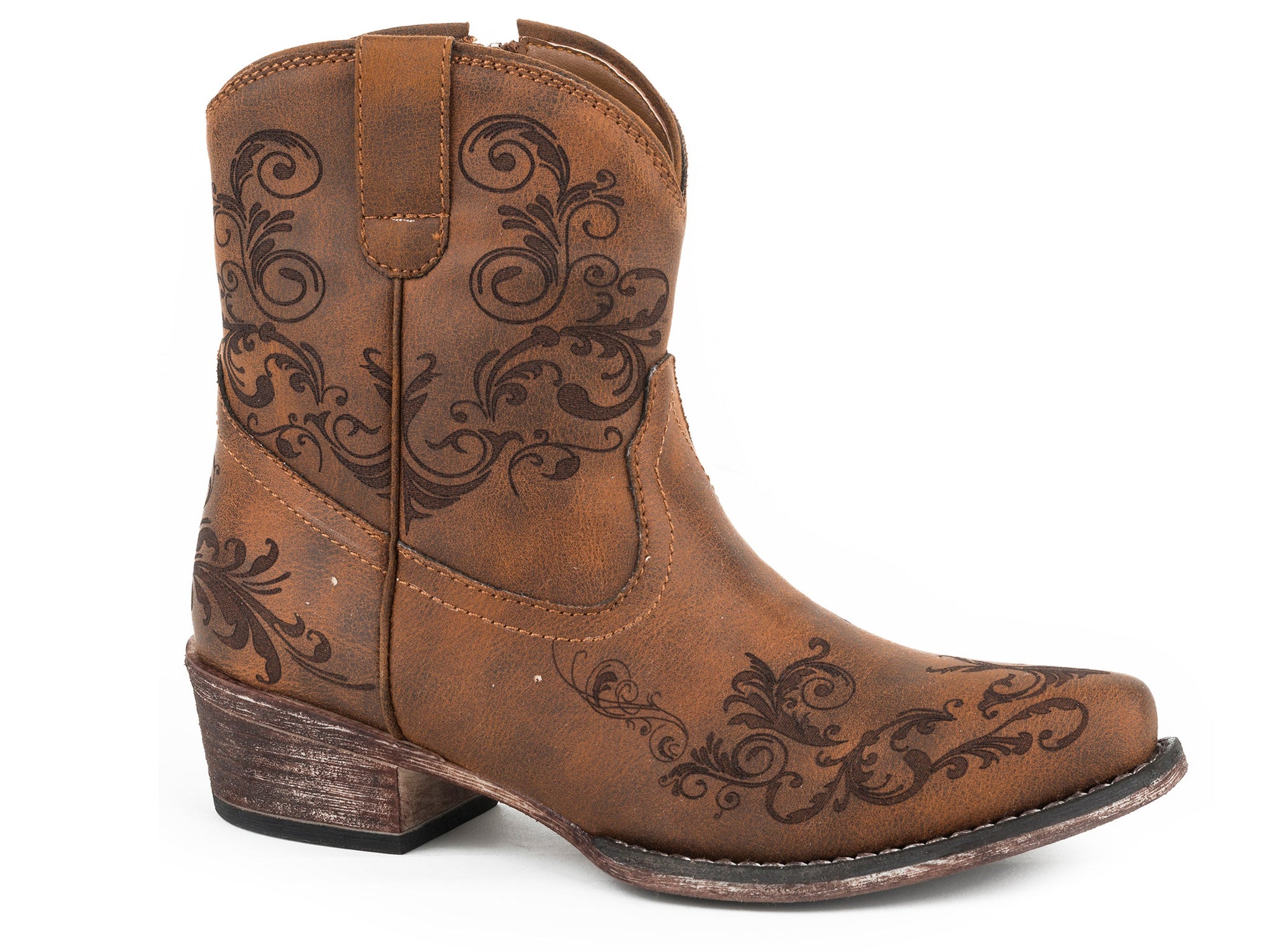 Roper Womens Fashion Shorty Boot Vintage Cognac Faux Leather Laser Wes