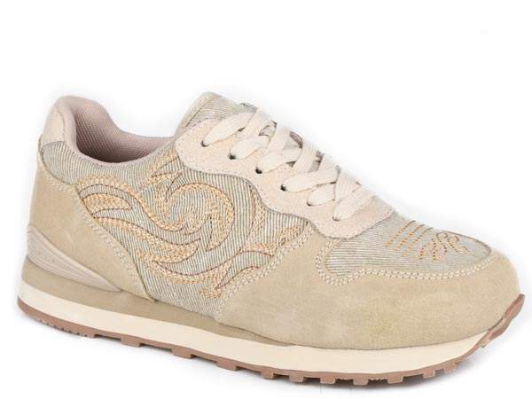 Womens Roper Creme Cow Suede And Western Stitch Giddyup Spice Shoes - Roper - Flyclothing LLC