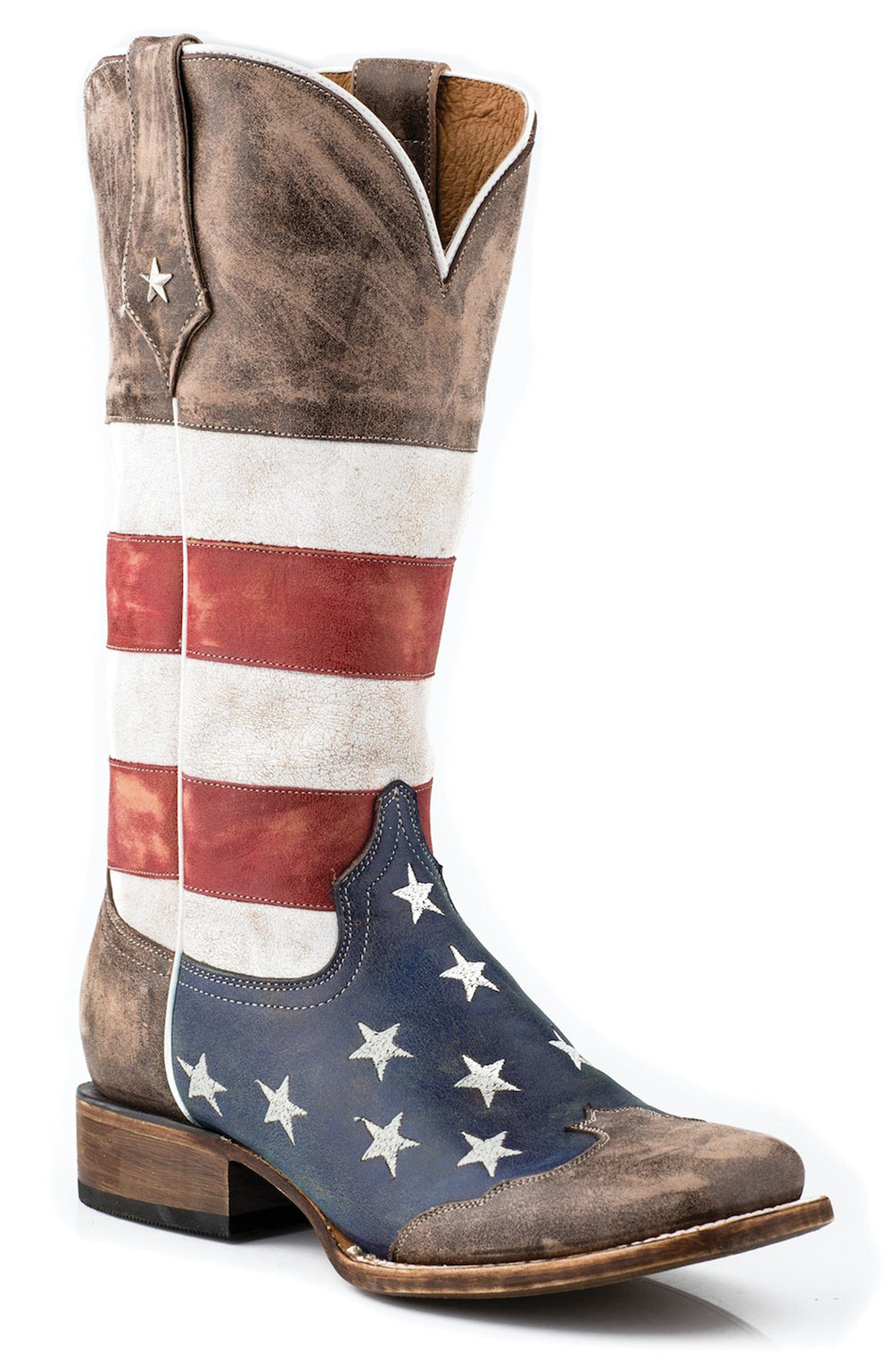 Roper Womens American Flag Leather Texas Star Cowboy Boot Distressed Brown Red White And Blue - Roper