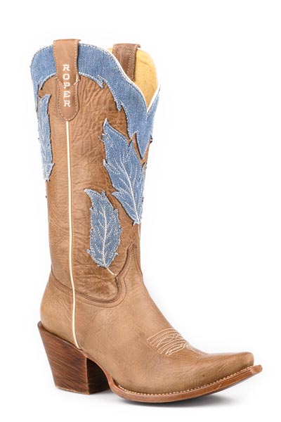Womens Roper Burnish Brown Leather Vamp  Shaft Feather Blue Boots