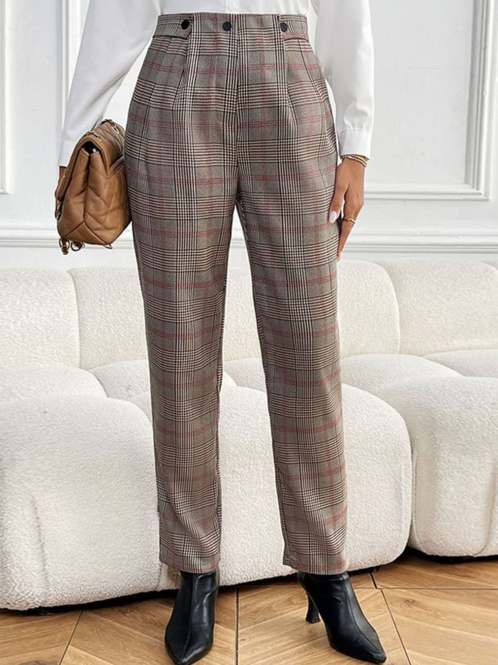 Perfee Plaid Straight Pants with Pockets - Trendsi