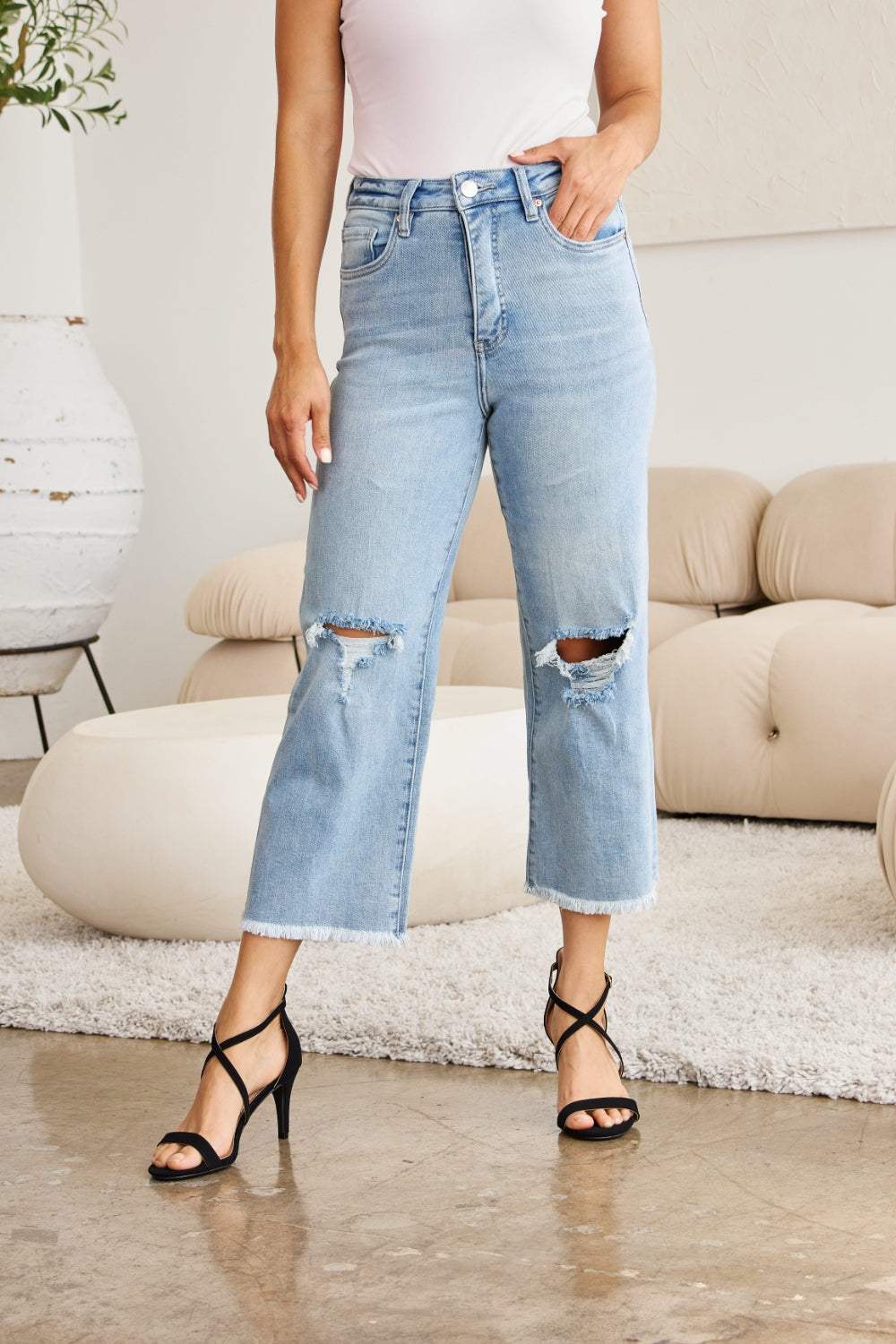 RFM Full Size Tummy Control High Waist Raw Hem Distressed Jeans - Trendsi - Flyclothing LLC