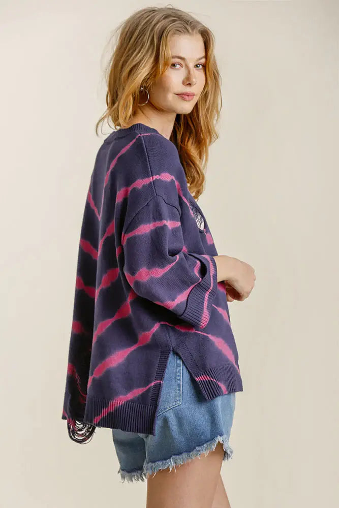 Umgee Full Size Tie Dye Side Slit Round Neck Distressed Detail Sweater Plus Size - Trendsi - Flyclothing LLC