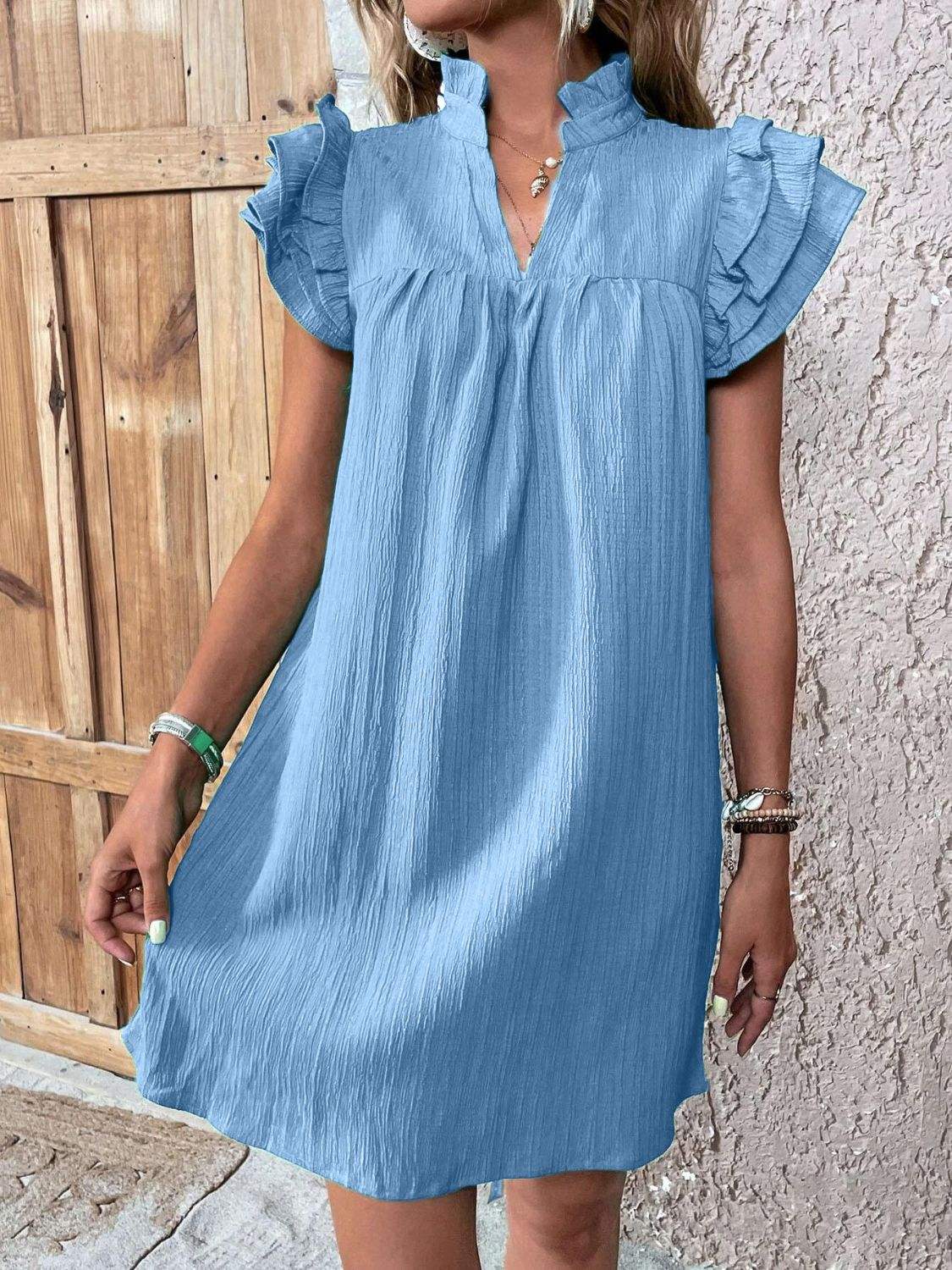 Ruffled Notched Cap Sleeve Mini Dress - Trendsi - Flyclothing LLC