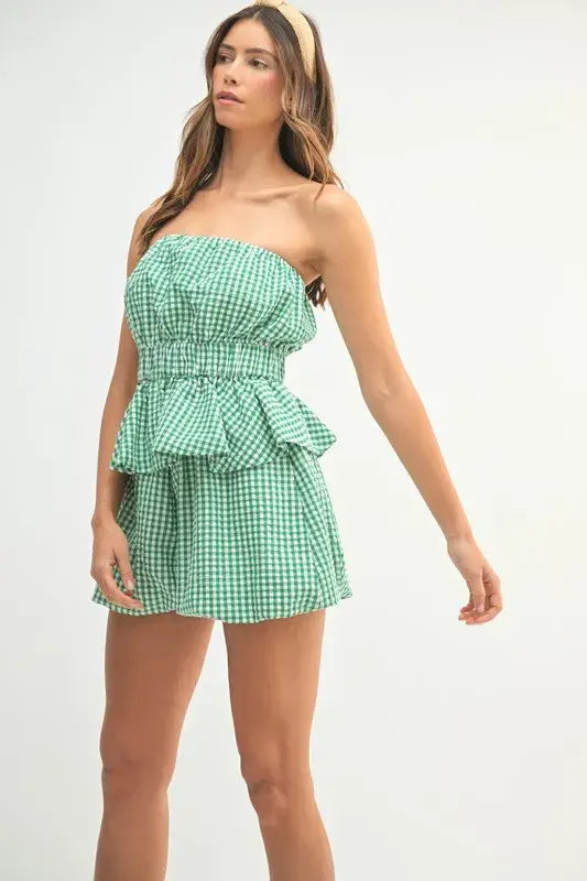 MABLE Gingham Tube Top and Shorts Set - Trendsi - Flyclothing LLC